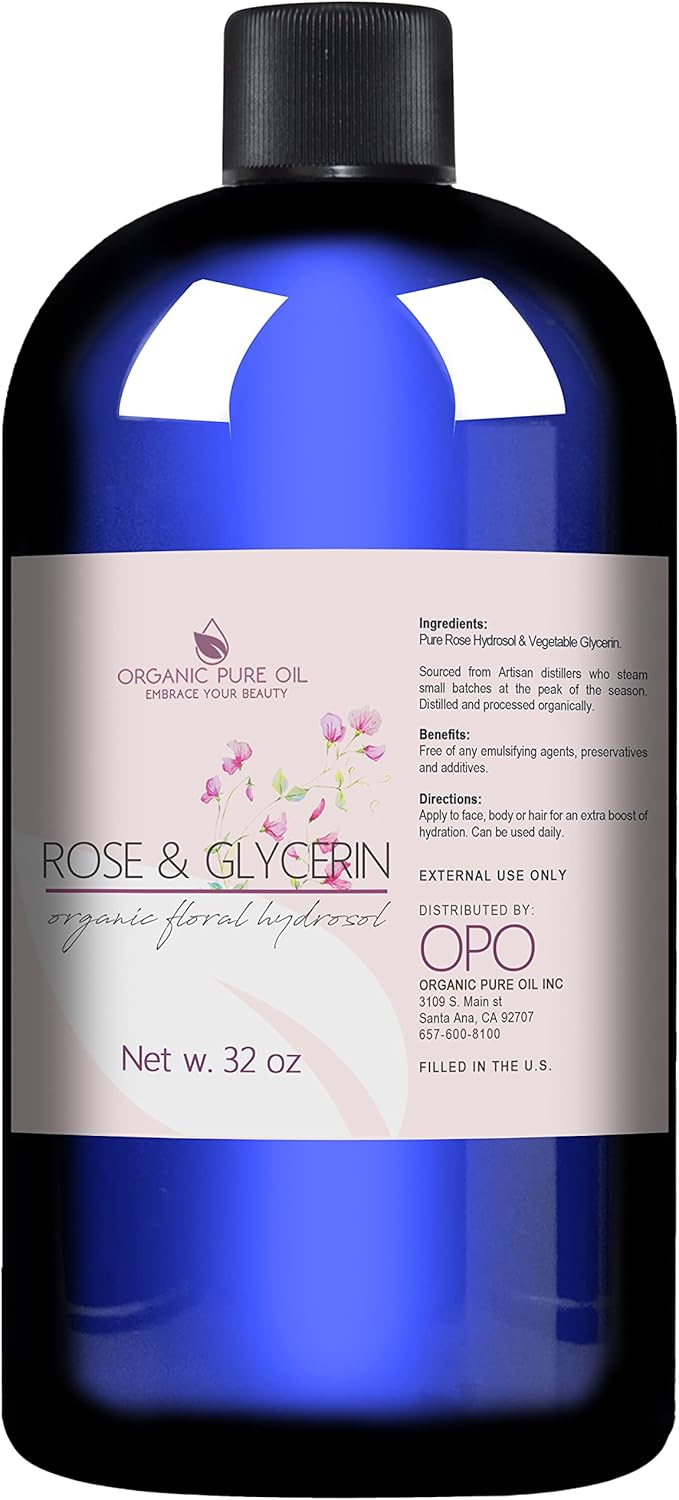 Rosewater Glycerin Mist Toner Bulk Spray Facial Body Floral Cleanser Pure Rose Hydrosol Vegetable Glycerine Moisturizing Cleansing Toning Mix Face Skin Hair Body - Packaging May Vary (32 Ounces)