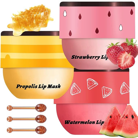 3 Pcs Bee Lip Balm Honey Pot, Honey Strawberry Watermelon Lip Mask Overnight, Moisturizing Sleeping Lip Mask, Hydrate Repair Prevent Dry Cracked Lip Care (Honey+Strawberry+Watermelon)