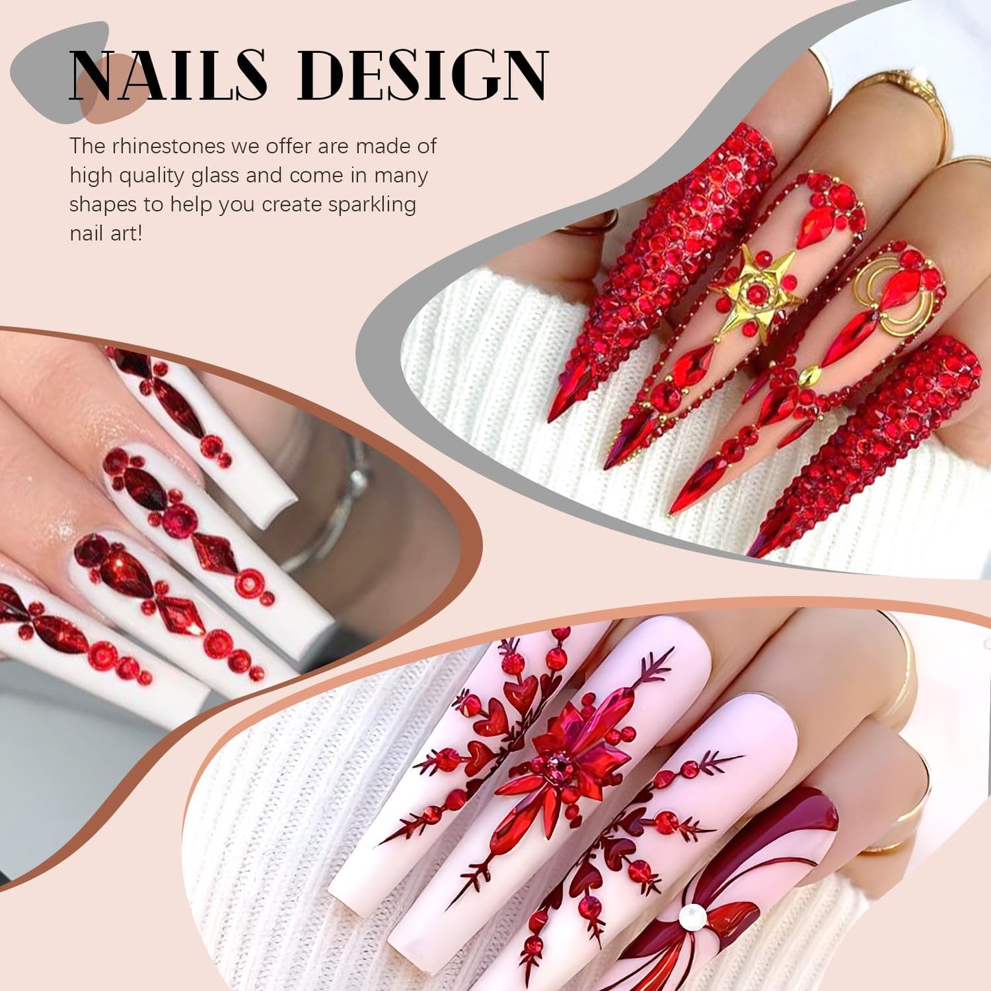 2680Pcs Red Glass Nail Rhinestones 120Pcs Multi Shapes Flatback Nail Gems + 2560Pcs 1.5-4mm Round Crystal with Rhinestones Glue Gel, Manicure Nail Charms Diamond Gemstones for Nail Art