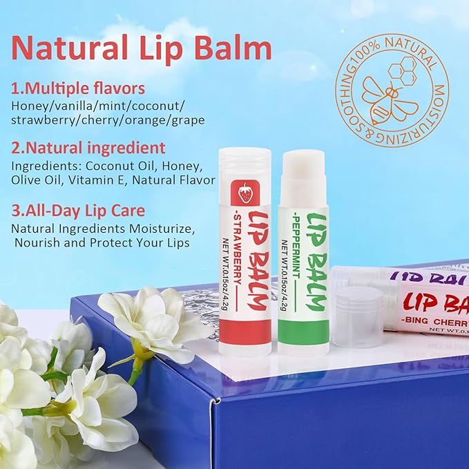 64 Pack Lip Balm, Natural Lip Balm Bulk with Vitamin E and Coconut Oil, Moisturizing Soothing Chapped Lips-8 Flavors