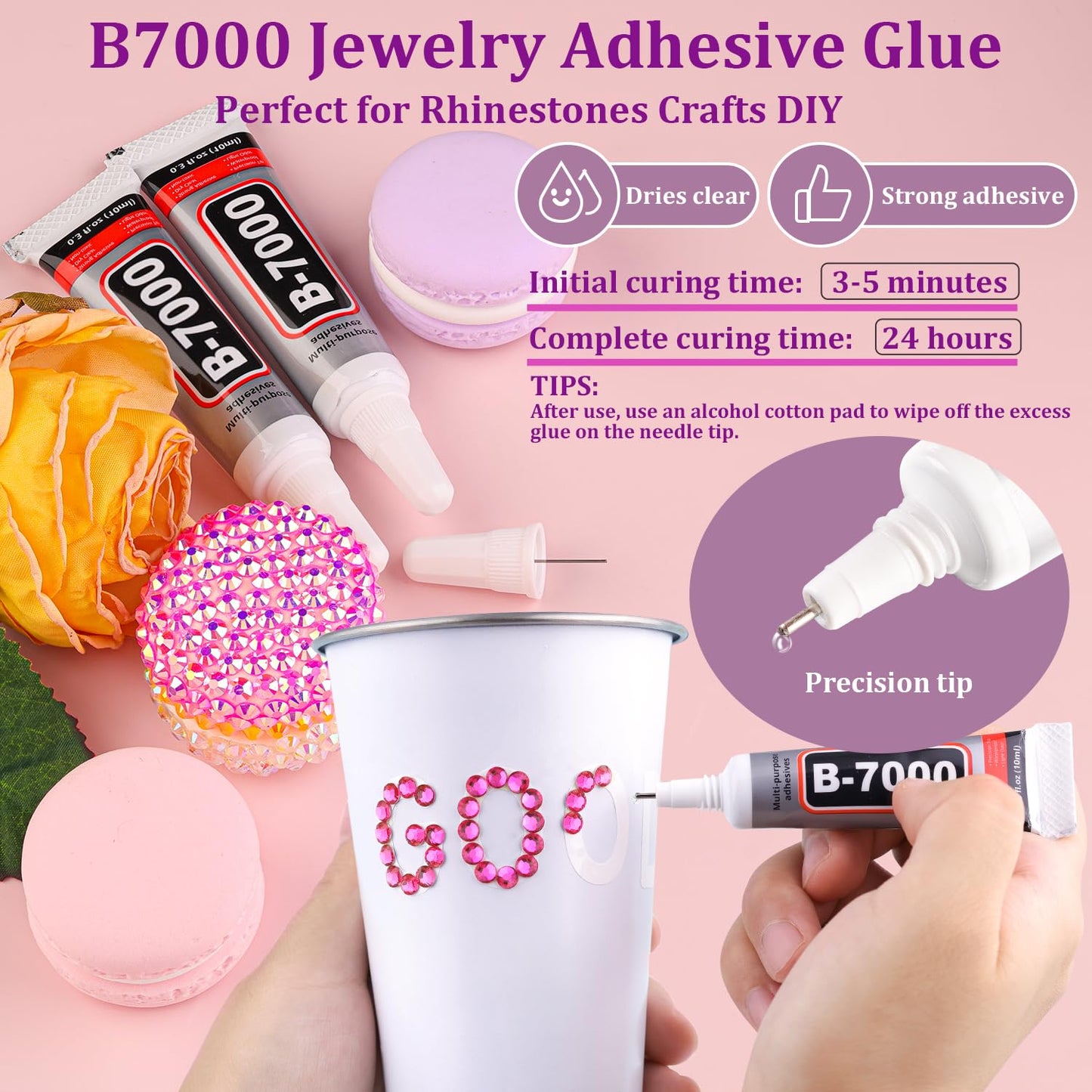 25000Pcs Resin Rhinestones with Tweezers for Crafting, Hot Pink 2-6mm Mixed Sizes Bedazzling Crystal with 3Pcs 10ml B7000 Jewelry Glue for DIY Crafts Clothing Tumblers Shoes Fabric Nail Art