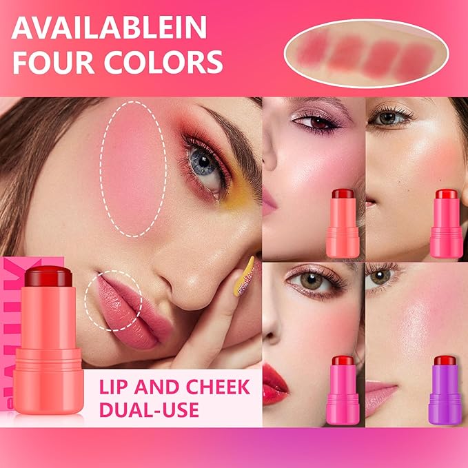 2 Pcs Milk Jelly Blush,Jelly Tint Blush Stick Sheer Lip & Cheek Stain Milk Cooling Water Jelly Tint Long Lasting Face Blushes, Lip Gloss Cheek Solid Moisturizer Stick (01#+02#)