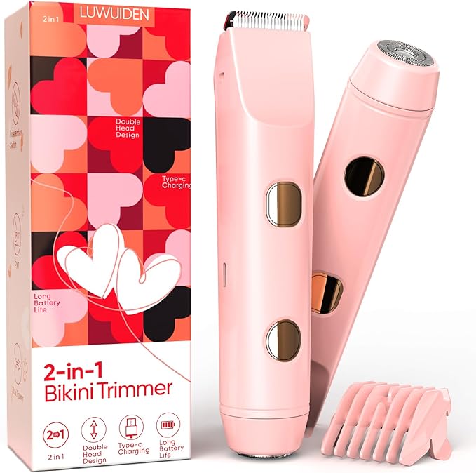 2 in 1 Bikini Trimmer for Women, Smooth and Painless Electric Razors for Women, IPX7 Waterproof Women's Electric Shaver, Rechargeable Bikini Underarm Legs Arm Body Face Trimmer Womens Shaver (Pink)