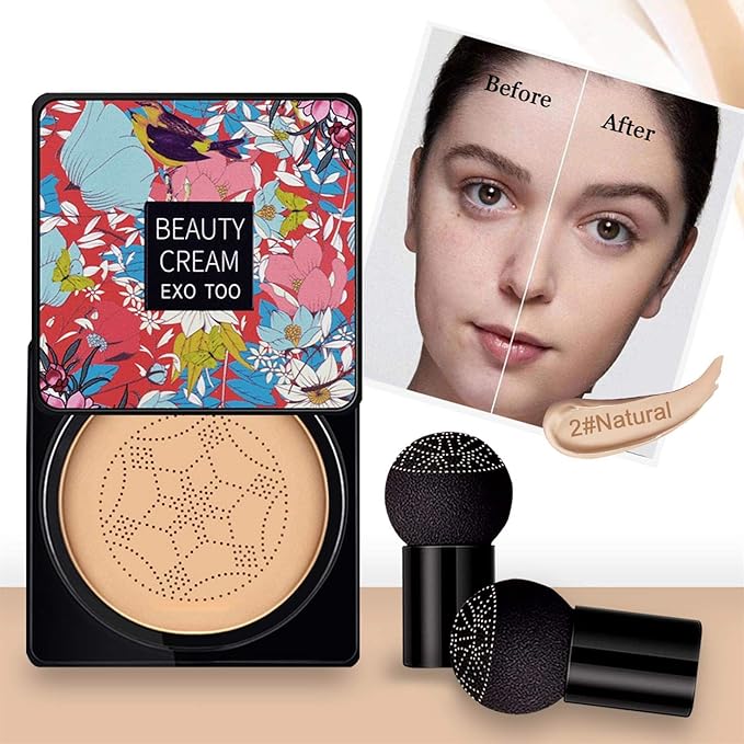 2 Pack Mushroom Head Air Cushion CC Cream Foundation,Beauty Cream EXO TOO Moisturizing BB Cream, Long Lasting Matte Concealer with 2PCS Mushroom Head Sponges (Natural)