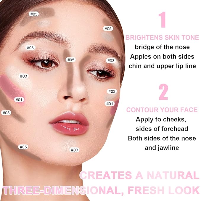 6 Colors Cream Contour Stick Makeup Kit, Shades with Highlighter Stick, Blush Stick and Double-End Bronzer Stick for Sculpt the Cheeks, Waterproof,Dewy & Matte Finish for Beginners (6 COLORS SET A)