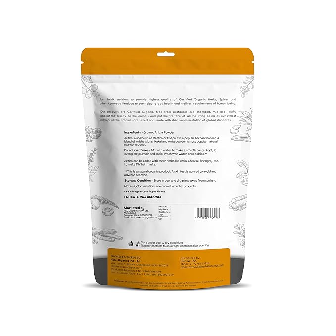 100% Organic Certified Aritha Powder (Soap Nut Powder) 227g /0.5 LB/ 08oz - Organic Hair Cleansing and Conditioning Product