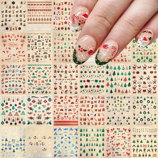 30 Sheets Christmas Nail Art Stickers 3D Self- Adhesive Snowflake Nail Charms Decals White Red Christmas Nail Decorations Accessories Supplies