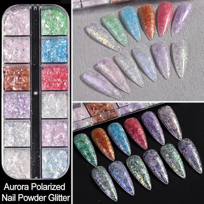 24Grid Aurora Opal Iridescent Nails Mermaid Flake Powder,Holographic Metal Color Gold Silver Confetti Nail Art Foil Paillettes,Irregular Glitter Sparkly Sequin Design for Manicure Decoration