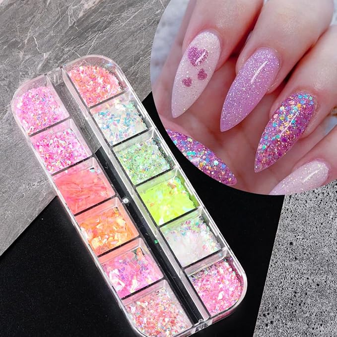 12 Colors Mermaid nail art glitter sequins Iridescent Ice Slag nail glitter flakes Ultra Thin Nail Art Designs 3D holographic nail sequins for Nail Art Supplies Manicure Decoration Accessories