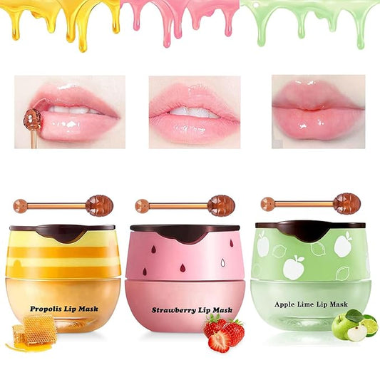3PCS Bee Lip Balm Honey Lip Balm,Exfoliating Honey Pot Lip Balm Sleeping Lip Mask with Brush, Hydrating & Prevention Dry and Cracked, Lip Scrubs Exfoliator & Moisturizer