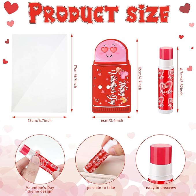 48 Pcs Valentine's Day Cherry Flavored Moisturizing Lip Balm Gloss Lipstick with 48 Pcs Valentine's Day Card Bulk Party Supplies Lip Care Gift Men Women and Children, 12 Styles