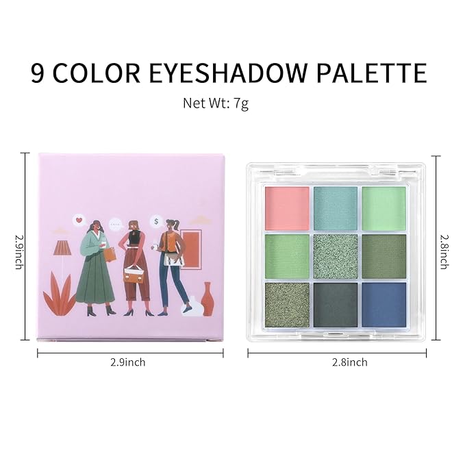 Erinde 9 Colors Eyeshadow Palette, Matte Shimmer Glitter Eye Shadow Palette Makeup, Highly Pigmented Long Lasting Waterproof, Natural Neutral Nude Eyeshadow Make Up Pallet, Blue Green