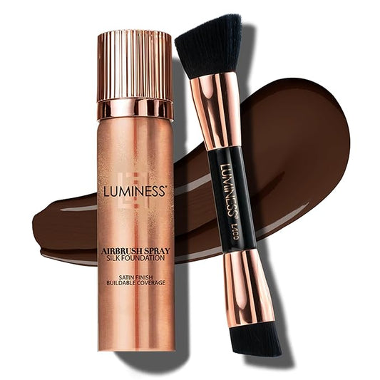 LUMINESS Silk Airbrush Spray Foundation & Buffing Brush Kit – Full Coverage Foundation & Dual-Sided Buffing Brush - Buildable Coverage, Anti-Aging Formula Hydrates & Moisturizes (Shade - Rich)