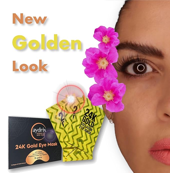 24K Gold Under Eye Mask Treatment - Corrects Puffy Eyes, Dark Circles - Reduces Wrinkles, Fine Lines and Hydrates Your Skin - 15 Golden Eye Mask Pairs