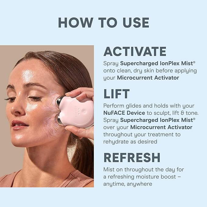NuFACE Supercharged IonPlex Facial Mist - 3-in-1 Ultra-Fine Hydrating Face Mist & Pore Minimizer with Hyaluronic Acid + IonPlex Technology to Lock in Moisture and Enhance Microcurrent Treatment (5 oz)