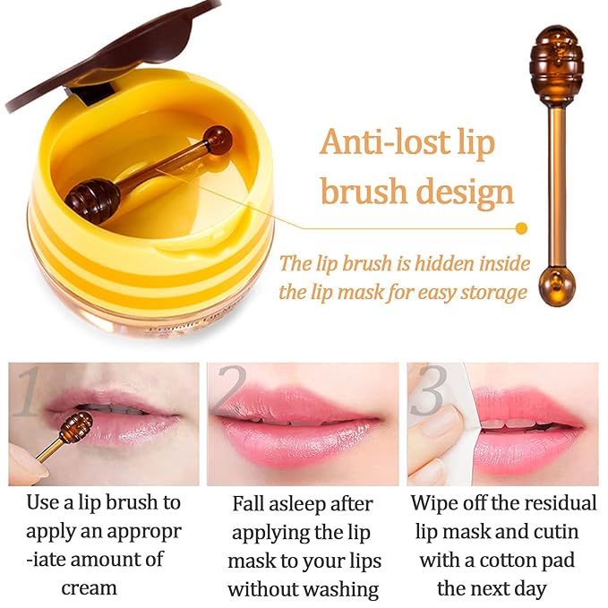 3 PCS Bee Lip Balm Lip Mask Honey Pot, Honey & Strawberry & Watermelon Lip Mask Propolis Moisturizing Lip Balm with Stick, Sleeping Lip Mask Hydrating Prevention Dry & Cracked Lip Scrubs (SET A)