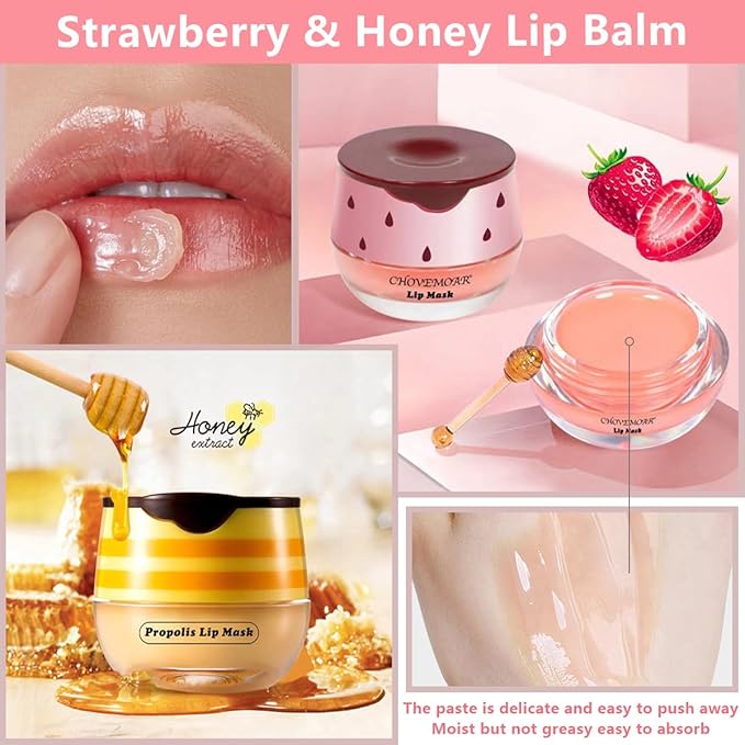 4 Pcs Strawberry & Honey Lip Balm, Vitamin E Lip Masks Moisturizing Propolis Sleeping Lip Mask, Hydrating & Prevention Dry and Cracked Lip Scrubs Exfoliator (2 Pack Strawberry + 2 Pack Honey)