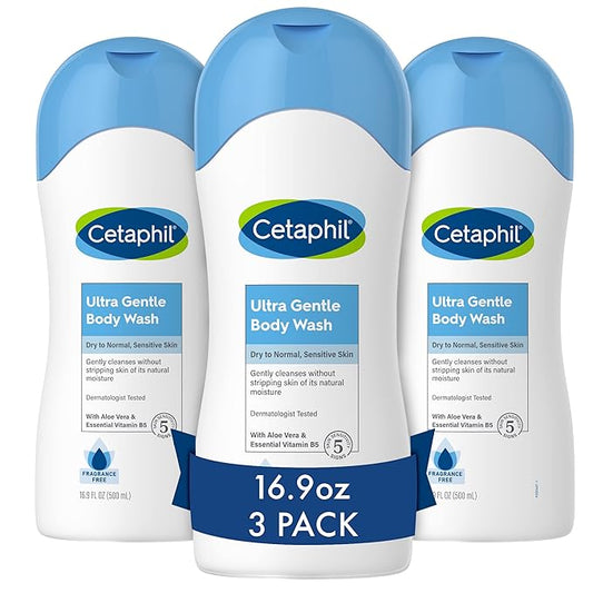 Cetaphil Ultra Gentle Refreshing Body Wash, For Dry To Normal, Sensitive Skin, Aloe Vera, Vitamin B5, Hypoallergenic, Dermatologist Tested, Fragrance Free, 16.9oz Pack of 3
