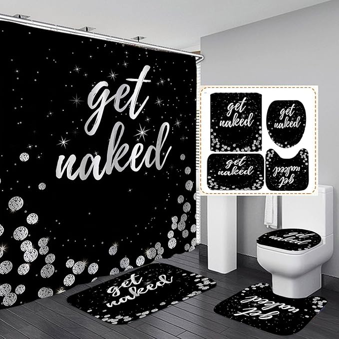 4PCS Luxury Diamond Shower Curtain Set, Bling Rhinestone Gem Crystal Jewelry Shining Starry Sky Galaxy Bathroom Decor, Waterproof Fabric Black Shower Curtain, Get Naked Bath Mat Toilet Rug