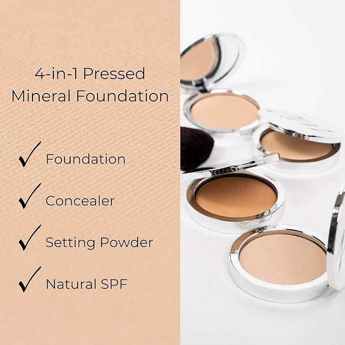 4-in-1 Pressed Foundation Powder with Natural SPF, Concealer & Finishing Powder, Medium to Full Coverage Foundation, Mineral-Based Powder (Halle, .35 oz)