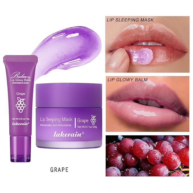2Pcs Lip Glowy Balm and Lip Sleeping Mask Set, with 4 Flavor Options - Reduce Lip Lines, Enhance Lip Color, Hydrate & Plump Dry Chapped Lips Care (Grape)