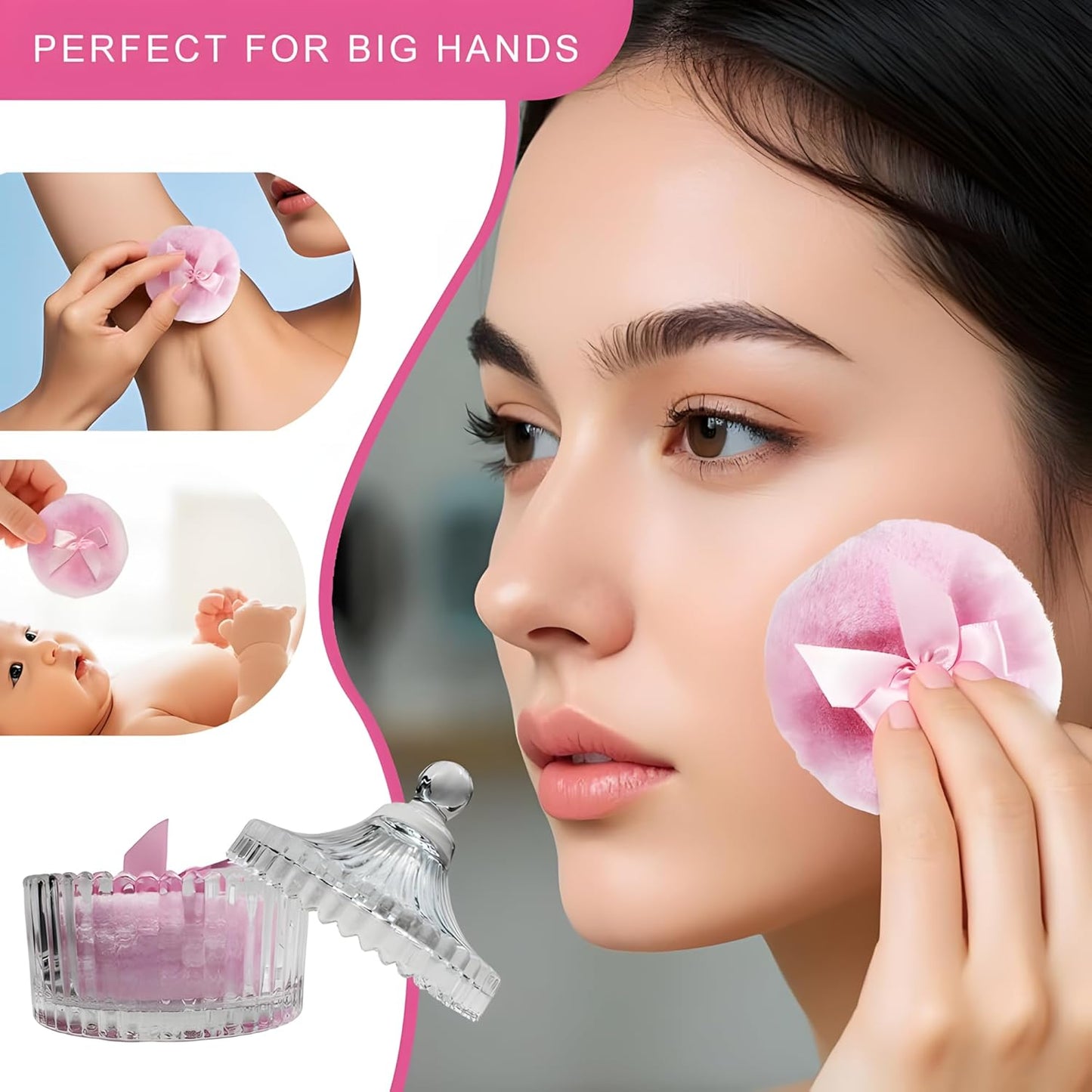 2 Pcs Large Body Powder Puff and Container Powder Container with Puff Powder Puff Crystal Container Soft Washable Reusable Velour Face Body Glitter Powder Puff Wet Dry Makeup (Pink)