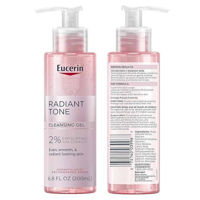 Eucerin Radiant Tone Face Cleanser Gel with 2% Exfoliating AHA Complex, Gentle Face Wash Improves Skin Clarity and Boosts Radiance, All Skin Types, 6.8 Fl Oz Bottle