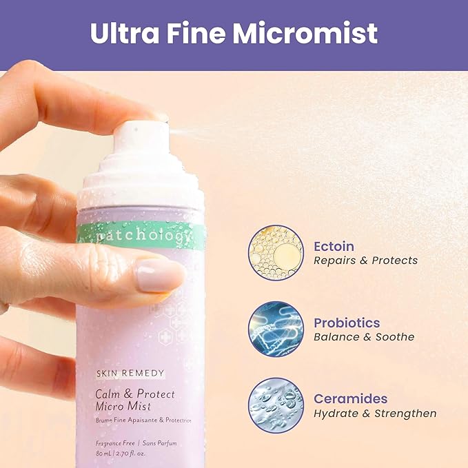 Patchology Skin Remedy Calm & Protect Micro Mist – Hydrating Facial Spray with Ectoin, Probiotics & Botanical Blend - Fragrance Free - Refines Pores & Leaves a Fresh Glow - 80 mL