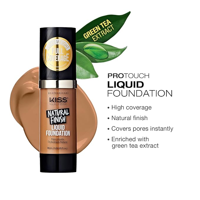 Kiss New York Professional Liquid Foundation - Lightweight and Hydrating Formula, Natural Finish, Control Shine, Cover Pores, Medium to Full Coverage, Green Tea Extract (Warm Honey)