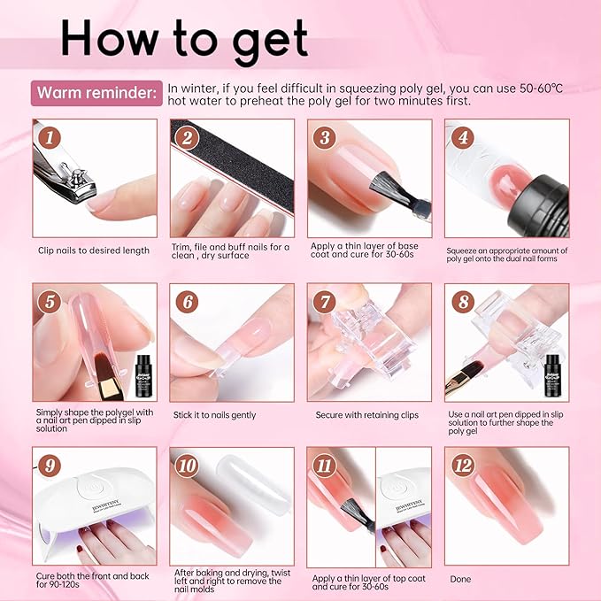 JEWHITENY Poly Extension Gel Nail Kit 14 PCS Poly Gel Kit with Slip Solution and Mini Lamp Nail Art Design Beginner