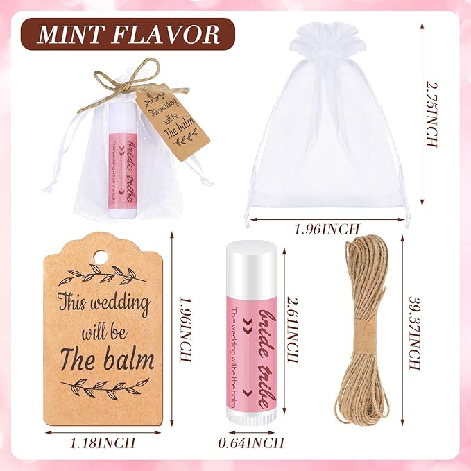 50 Set Bridal Shower Lip Balm Gifts Bulk Wedding Bridal Shower Lip Balms Gifts with 50 Organza Bag 50 Thank Tag Bridal Shower Favors Bridesmaid Proposal Stuffer for Bachelorette Party Supplies