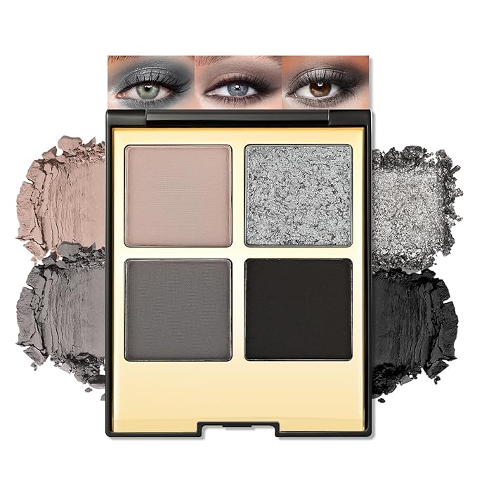 Erinde 4 Colors Eyeshadow Palette Eye Shadow Makeup, Matte Shimmer Metallic Taupe Gray Black Sliver Smokey Eyeshadow, Long Wearing, Velvety Pigmented Blendable, Quad Eye Shadow Palette, 01