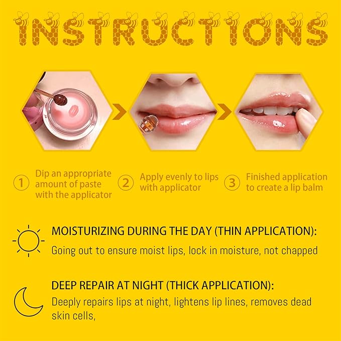 2PCS Bee Lip Balm Honey Pot, Honey Pot Lip Balm for Dry Cracked Lips, Strawberry Lip Balm Scrubs Exfoliator & Moisturizer, Hydrating Lip Balm Honey Pot with Wand, Lip Sleeping Mask (A)
