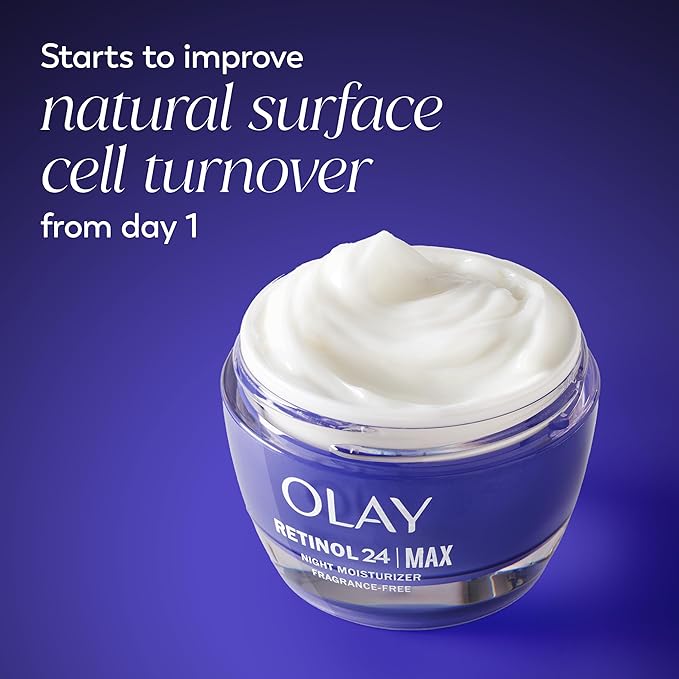 Olay Retinol Face Moisturizer, 24 MAX Anti-Aging Night Cream for Women, Fragrance-Free, Non Greasy - Anti-Wrinkle, Smooth Fine Lines, Tightening, Hydrating Skin Care - Peptides, Glycerin, 1.7 Oz