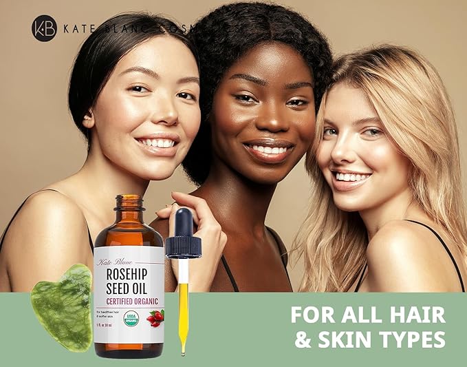 Kate Blanc Cosmetics Rosehip Oil for Face with Jade Gua Sha Stone (1oz, Organic, Pure, Cold Pressed) Rosehip Seed Face Oil for Gua Sha Massage