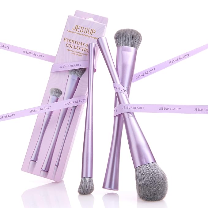 Jessup Face Makeup Brush Set 3 pcs, Ultra-Soft Dense Makeup Brushes for Foundation Contour Powder and Blush, Premium Synthetic Fiber, Luxury Purple T513