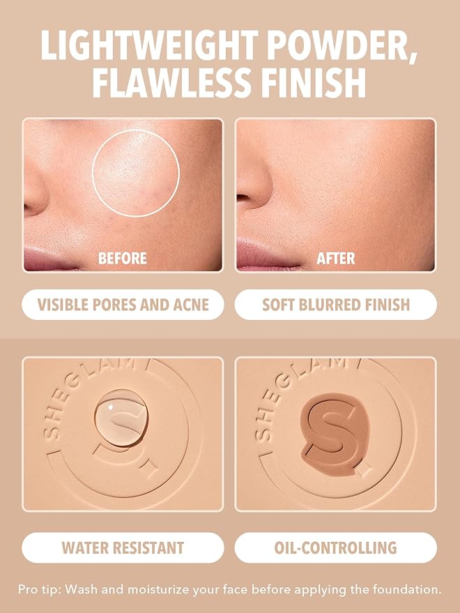 SHEGLAM SKin-Focus Full Coverage Powder Foundation Oil-Control Lightweight Face Pressed Powder Makeup-Warm Vanilla