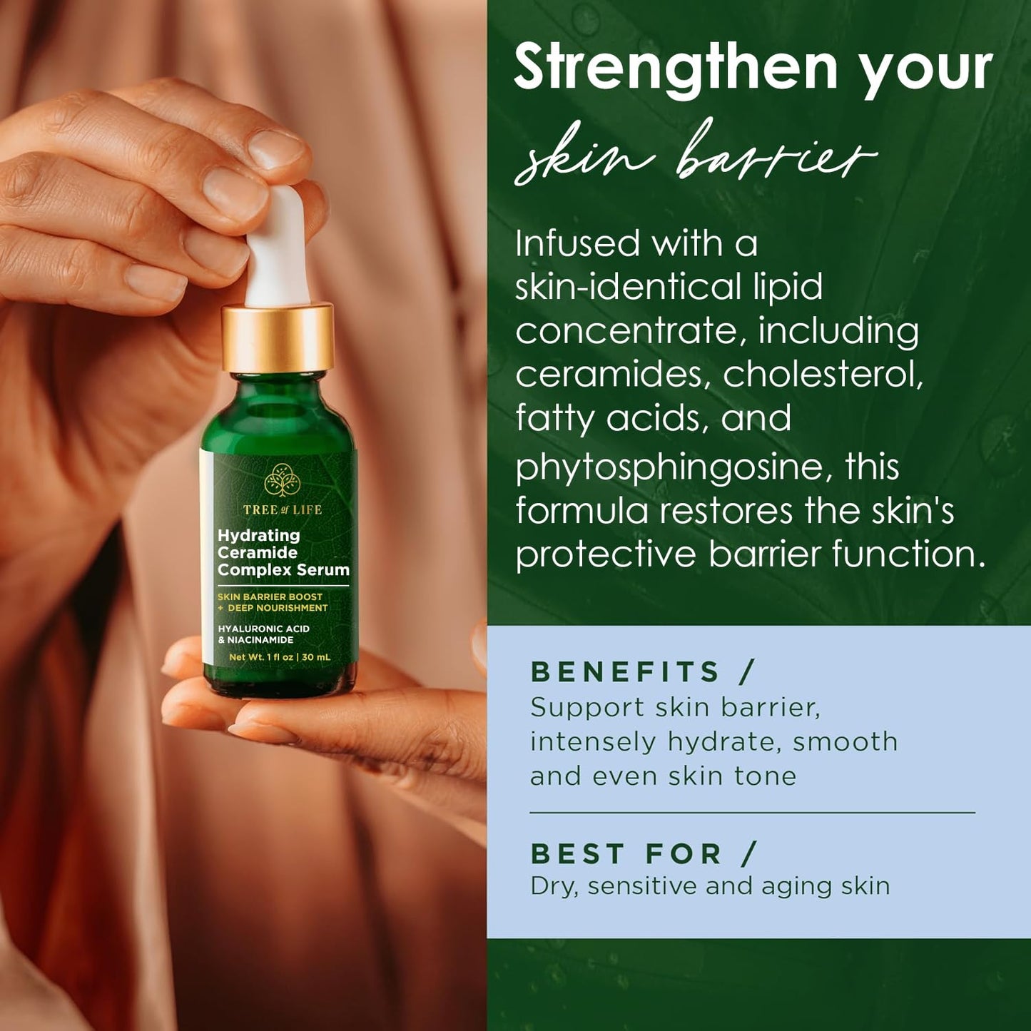 Tree of Life Beauty Ceramide Serum Complex - Skin Barrier Serum with Hemp Seed Oil - Nourishing Barrier Serum with Hyaluronic Acid, Niacinamide and Colloidal Oatmeal - Hydrating Serum for Face 1 Fl Oz