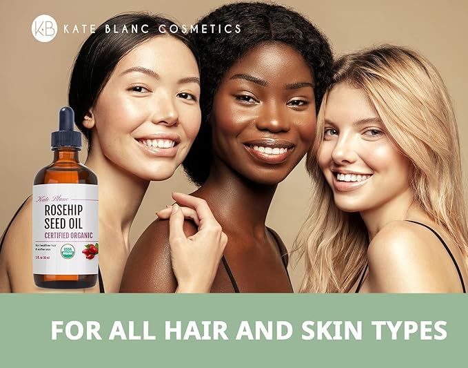 Kate Blanc Cosmetics Rosehip Oil for Face & Softer Glowing Skin (1oz, Organic, Pure, Cold Pressed) Rosehip Seed Face Oil for Facial & Gua Sha Massage