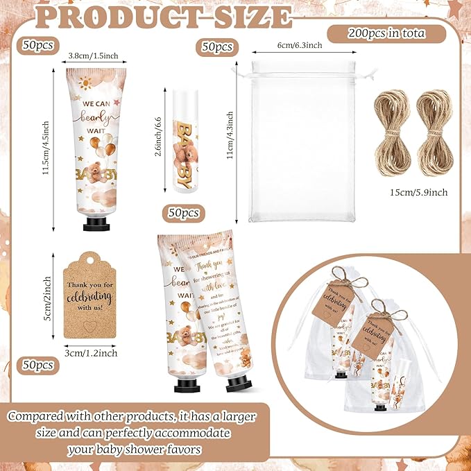 50 Sets 200 Pcs Baby Shower Hand Lotion and Lip Balm Gift Theme Baby Shower Party Favors Travel Size Hand Lotion and Lip Balm Bulk with Organza Bags Tags(Bear)