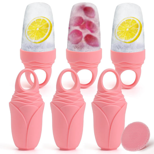 3 Pcs Facial Ice Roller Silicone Mold Reusable for Face Women and Eye Neck Cold Skin Care Tools Freezer De Puff Eyes Bags Reduce Migraine Pain Pink