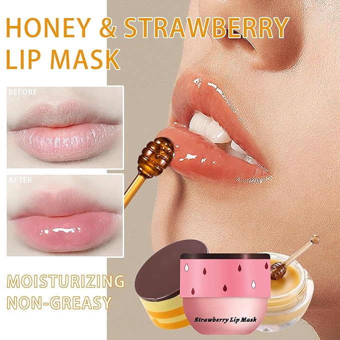2PCS Bee Lip Balm Honey Pot, Honey Strawberry Lip balm Lip Mask with Stick, Moisturizing Lip Sleeping Mask Day & Night Lip Care - Hydrate Repair Prevent Dry Cracked Exfoliate (Honey & Strawberry)