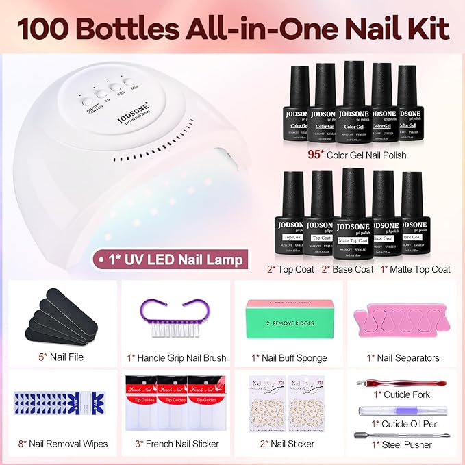 JODSONE 100 Bottles of Gel Nail Polish Kit with U V Led Light 95 Multiple Glossy Glitter Colors Mint Green Light Pink Nail Gel Base Coat Glossy and Matte Top Coat Gel Polish Kit