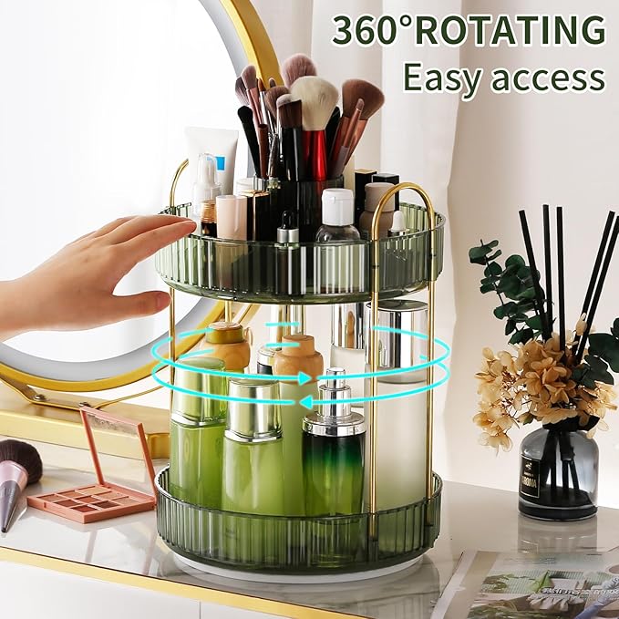 360° Rotating Makeup Organizer, Large-Capacity Skincare Make Up Storage 2 Tier Perfume Organizers Cosmetic Dresser Organizer with Makeup Brush Holder, Fits Bedroom, Bathroom, Vanity Shelf Countertop