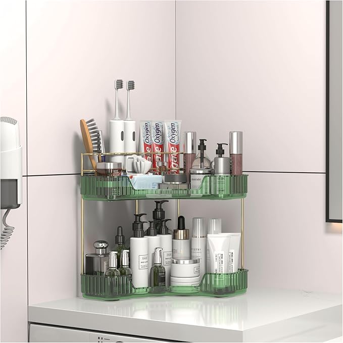 2 Tier Corner Bathroom Organizer Countertop, Vanity Makeup Organizer with Brush Holder, Space-Saving Skincare Storage Corner Shelf for Bathroom, Dressing Table, Kitchen