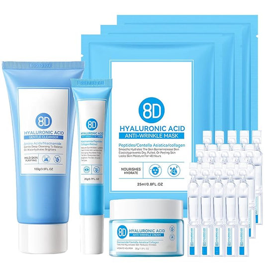 8D Hyaluronic Acid Face Care Set, Hydrating Skin Care Set Moisturize Skin, Smooth Fine Lines, Improves Skin Elasticity, Anti-Aging Skin Care Set with Cleanser,Eye Cream,Face Cream,Serum,Mask