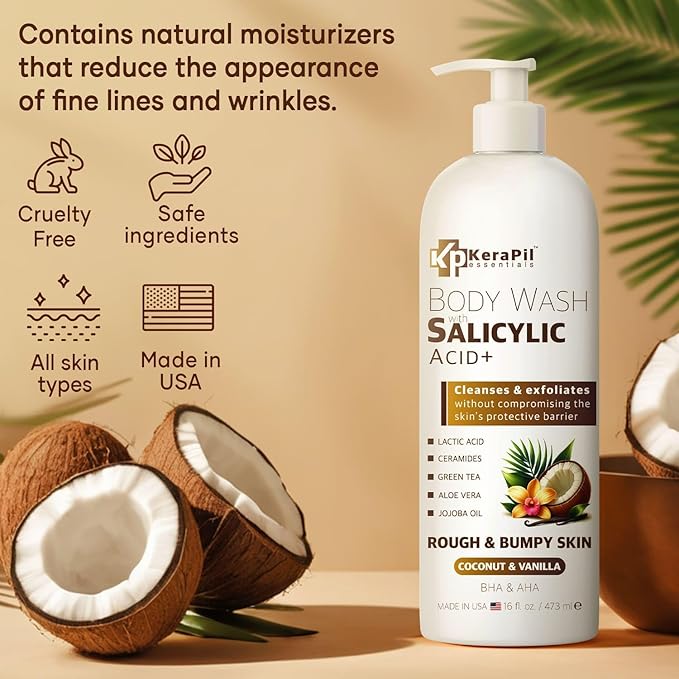 Exfoliating Body Wash with Salicylic Acid - No Dry Out, Gentle Exfoliates Rough and Bumpy Skin, Body Acne Wash, BHA & AHA - Coconut and Vanilla with Salicylic Acid - (16 fl oz)