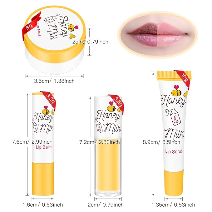 4 Piece Honey Milk Lip Mask Lip Balm Lip Scrub Lip Oil Lip Care Kit, Moisturizing & Nourishing Dry and Cracked Lips, Overnight Sleeping Lip Exfoliator Lip Moisturizer Lip Repair