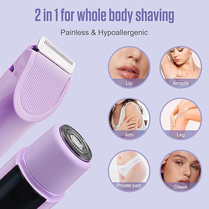 2 in 1 Bikini Trimmer for Women Dual Head Electric Shaver with LED Display,IPX7 Waterproof Wet & Dry, Painless Shaver for Underarm Leg Arm Body Face Private Area Purple