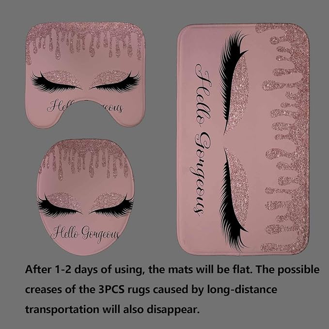 4PCS Rose Gold Glitter Hello Gorgeous Shower Curtain Set, Bling Unicorn Eyelash Makeup Glam Fashion Girly Teenage Girls Women Pink Bathroom Decor, Fabric Shower Curtain, Bath Mat Toilet Rug